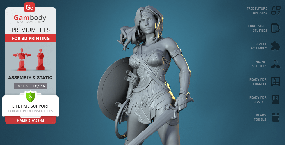 3D model of a female warrior in armor, holding a sword and shield, designed for 3D printing.