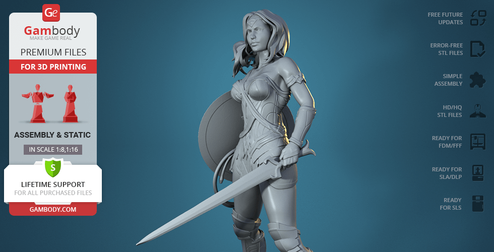 3D model of a warrior woman with a shield and sword, ready for 3D printing.