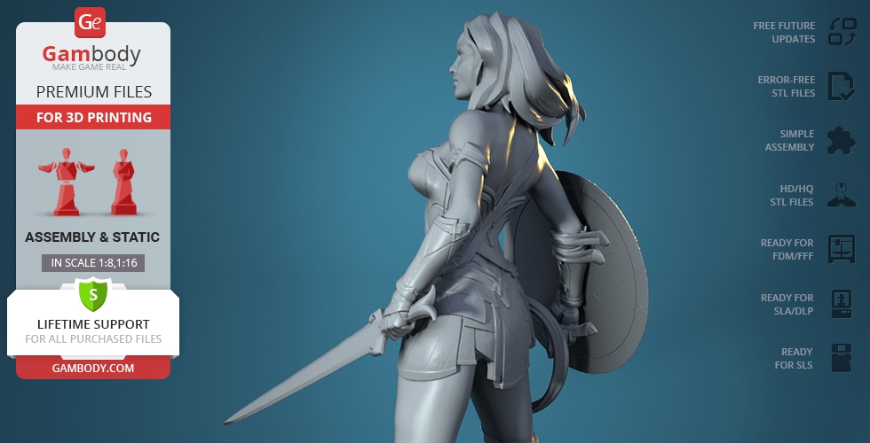 3D model of a warrior woman with sword and shield, available for 3D printing from Gambody.