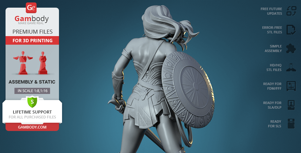 3D model of a warrior woman with shield and sword, ready for 3D printing, showcasing detailed armor.