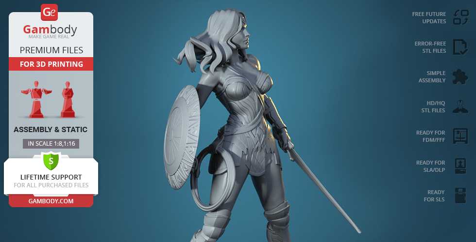 3D model of a warrior woman with a shield and sword, styled for 3D printing from Gambody.