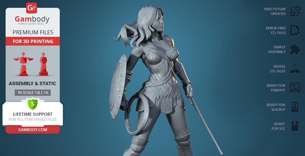 A 3D model of a female warrior in armor, holding a sword and shield, designed for 3D printing.