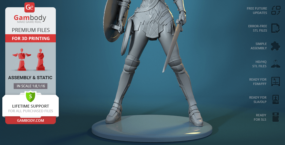 A detailed 3D printed Wonder Woman figure, showcasing armor, sword, and shield on a display stand.