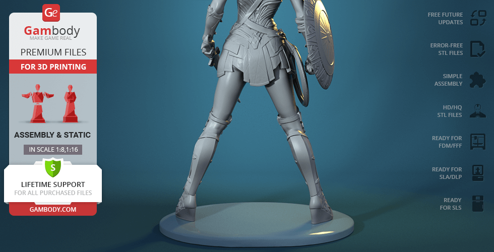 3D model of a female warrior with shield and sword, in a dynamic pose, ready for printing on Gambody.