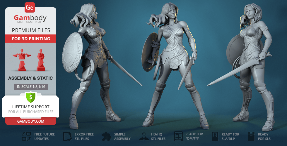 A 3D model of a female warrior with a shield and sword ready for 3D printing, shown from various angles.