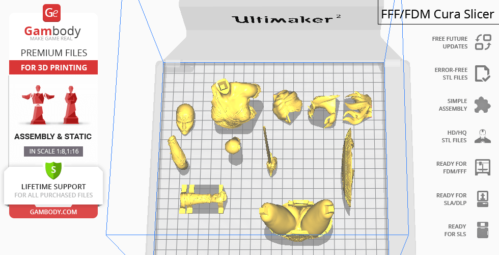 3D print layout for Wonder Woman model, showing separated body parts on a grid for assembly.