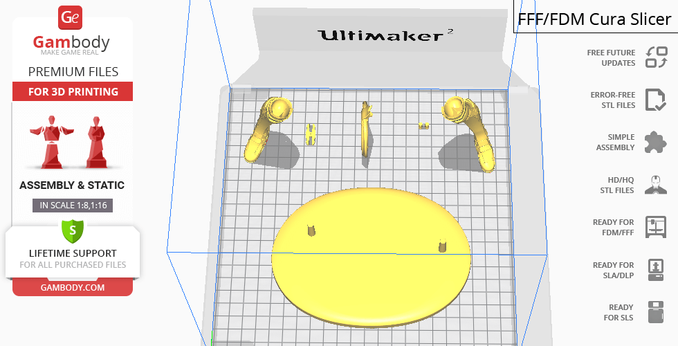 3D model parts of Wonder Woman arranged for printing in slicing software on Ultimaker 2.