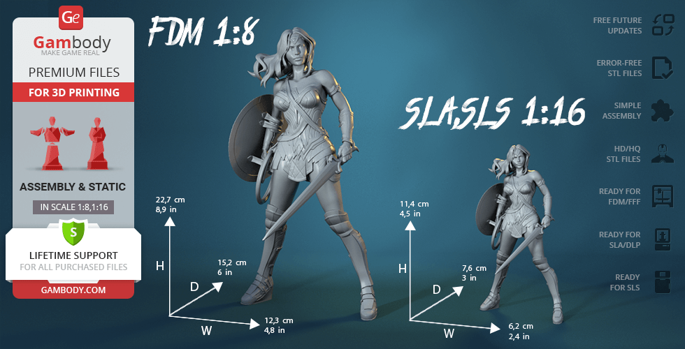 3D printable Wonder Woman model with shield and sword, shown in two scales: 1:8 and 1:16.