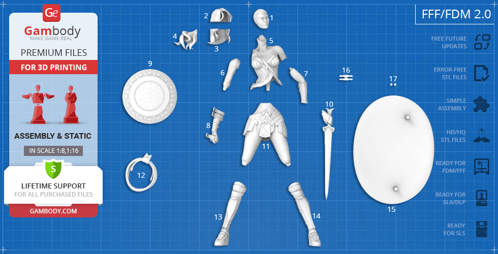 3D printing layout of Wonder Woman figure pieces, including torso, limbs, shield, and sword on a blueprint background.