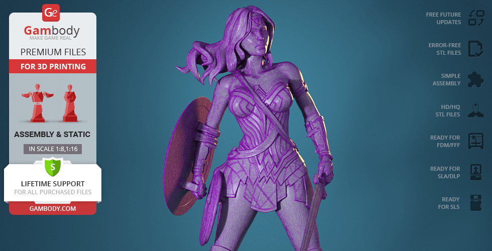 A purple 3D model of a female warrior with a shield, ready for 3D printing.