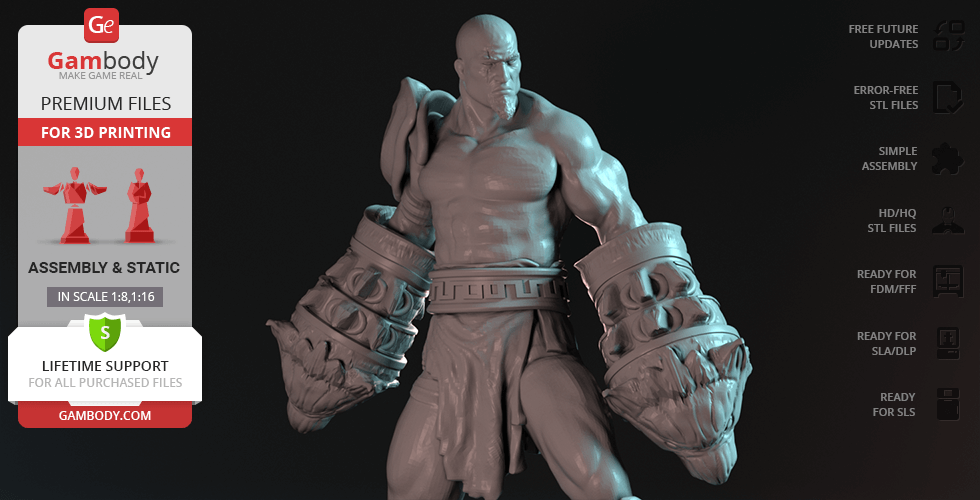 A detailed 3D model of a muscular warrior with large gauntlets and a fierce expression, ready for 3D printing.