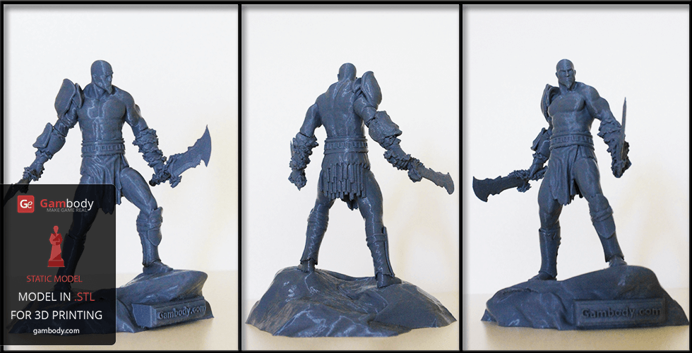 A detailed 3D printed model of a warrior with armor and weapons, posed on a rocky base.