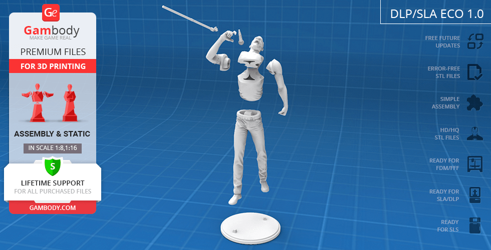 3D model of a dynamic male singer pose for 3D printing, with removable parts and a base stand.