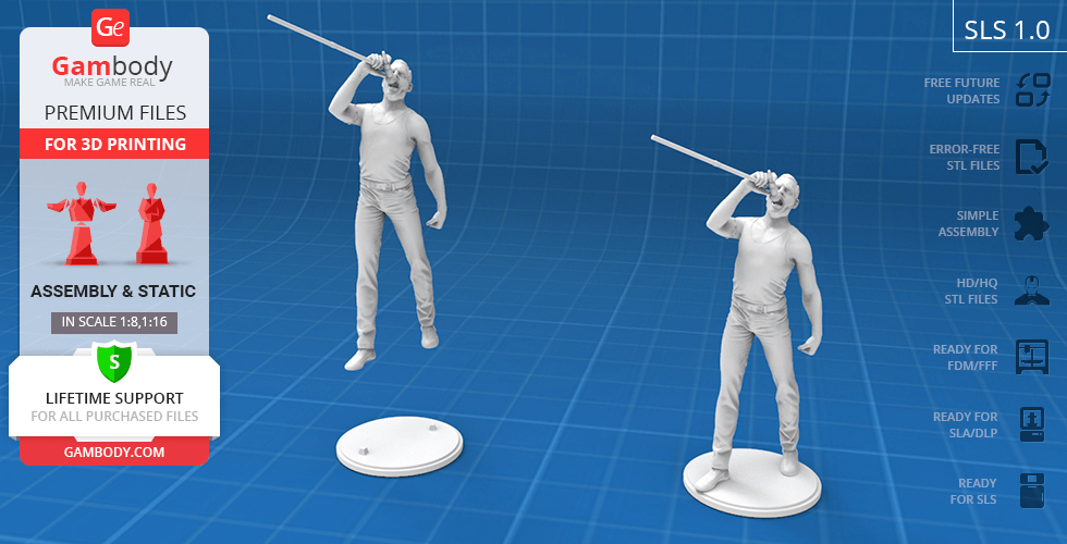 3D model of a man singing with microphone, standing pose, for 3D printing.