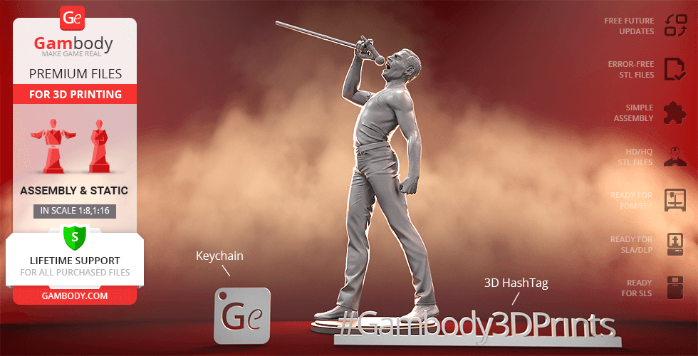 3D model of a singer in a dynamic pose with a microphone, designed for 3D printing by Gambody.