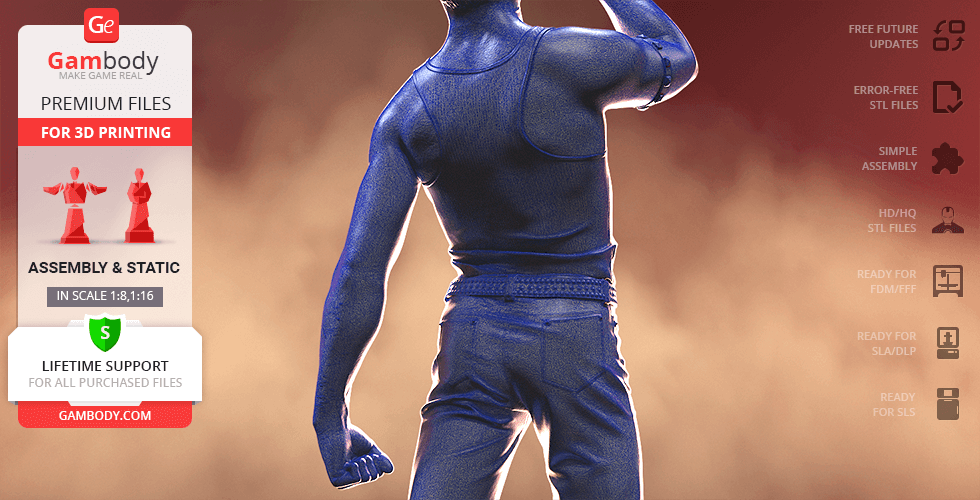 A 3D model of a man in a vest and pants, striking a dynamic pose with one arm raised.