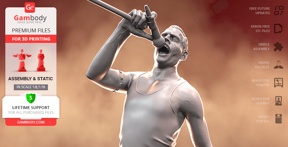 A 3D printed model of a man passionately singing into a microphone, in a dynamic pose.