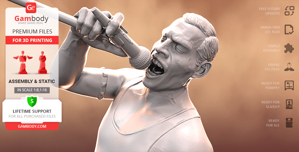 3D model of a singer passionately performing, holding a microphone, suitable for 3D printing.