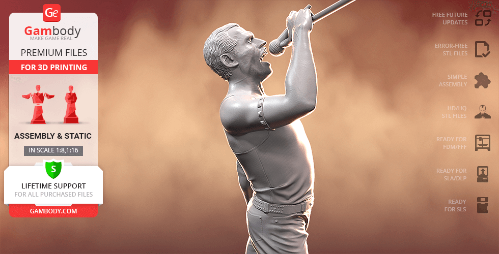 3D model of a singer passionately holding a microphone, designed for 3D printing.