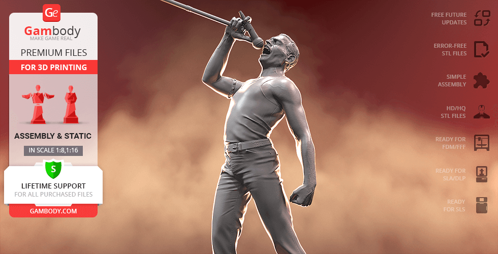 3D printable model of a singer in a dynamic pose with microphone, for Gambody.