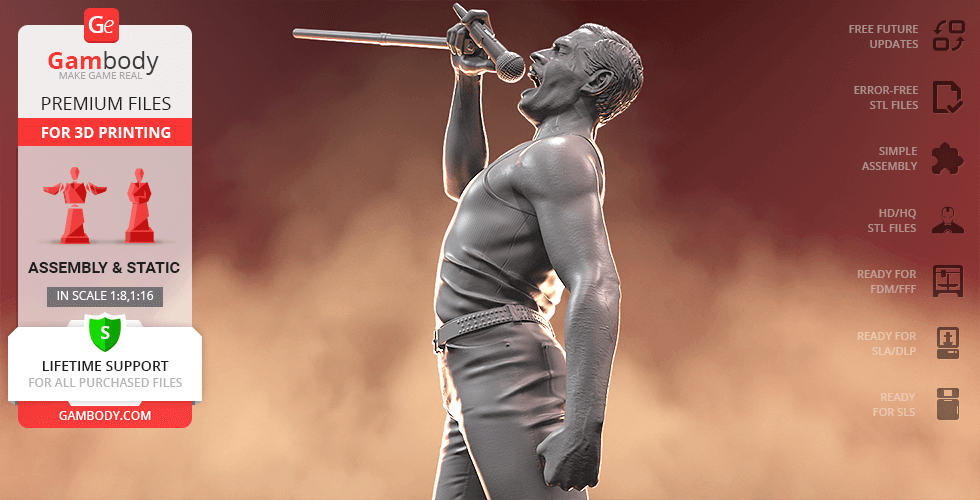 3D model of a singer passionately performing with a microphone stand, available for 3D printing.