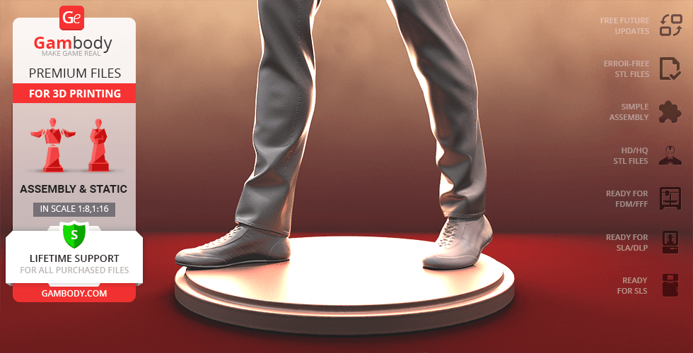 3D model image of a person in pants and sneakers on a circular platform for 3D printing.