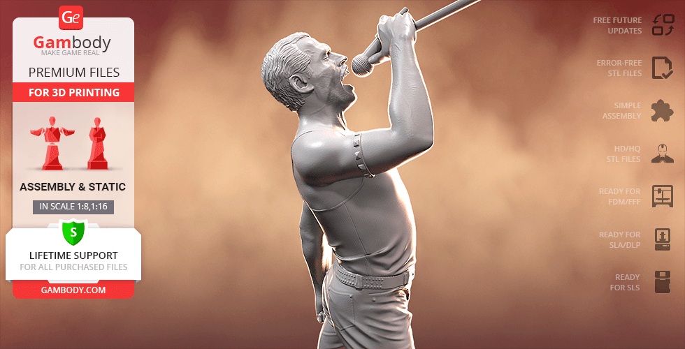 3D model of a singer passionately holding a microphone, with promotional text for 3D printing files.