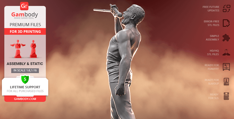 A 3D model of a performer with a mic stand, poised dramatically, suitable for 3D printing.