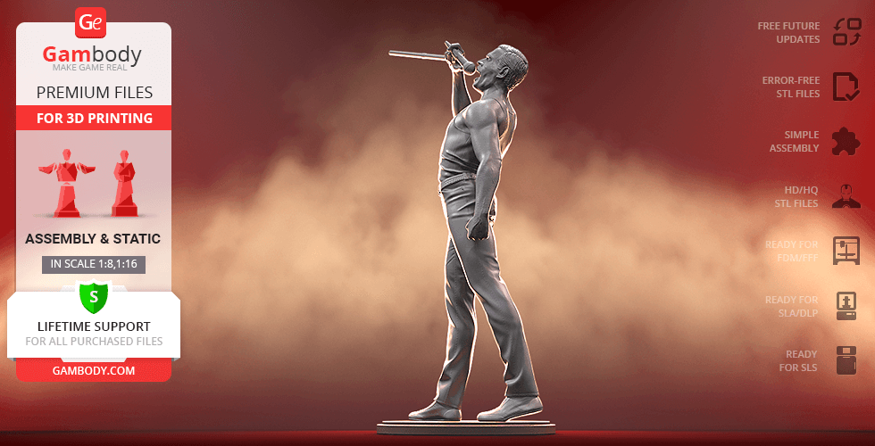 A 3D model of a singer posing dynamically with a microphone stand.