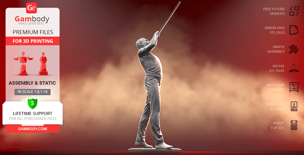 A 3D model of a singing figure in a dramatic pose with a microphone, designed for 3D printing.