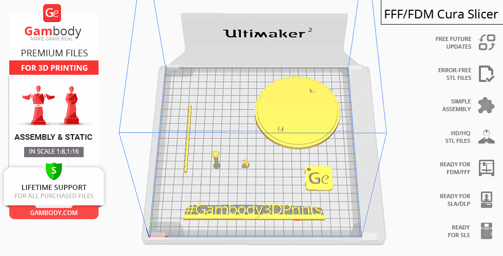 3D print layout for Freddie Mercury model with base, details, and text on Ultimaker Cura slicer.