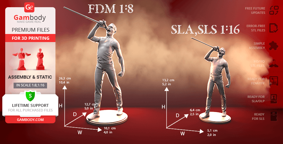 3D models of a singer in a pose with a microphone stand, shown in two scales for printing.