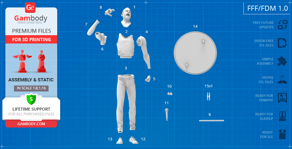 3D printable parts of a male figure, including torso, limbs, and a circular base.