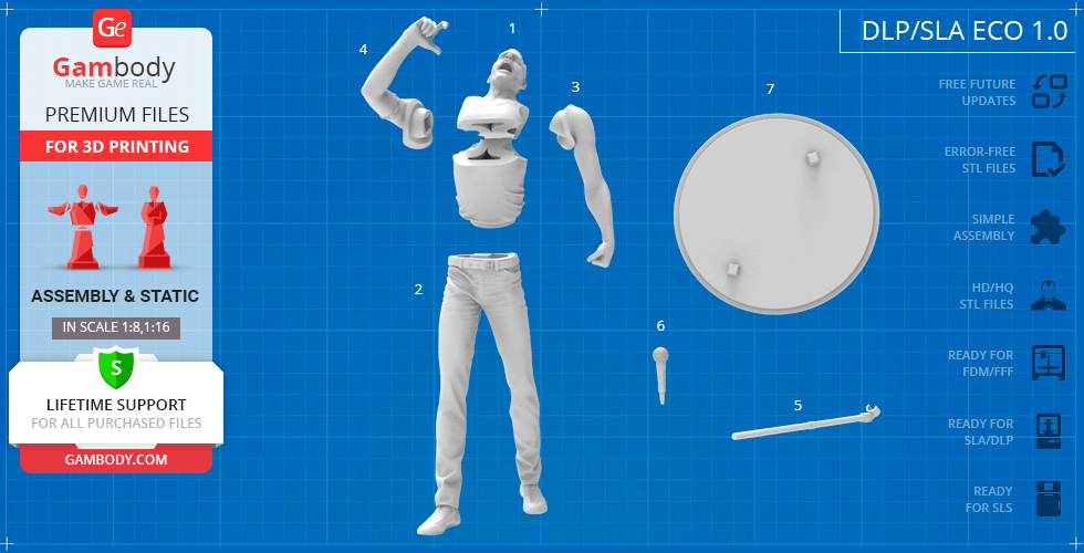 3D printable Freddie Mercury model parts, including body, arms, head, microphone, and base for assembly.