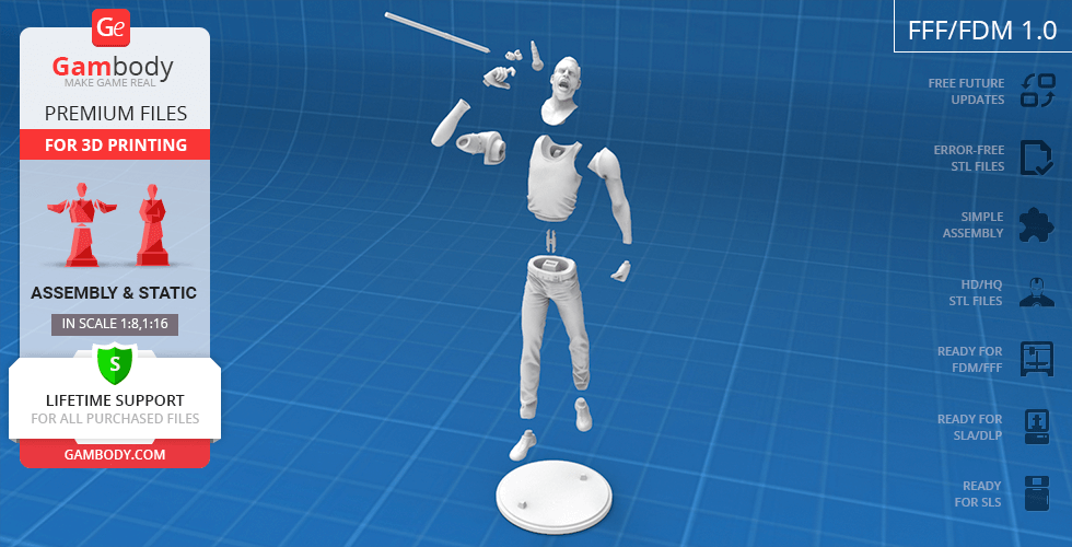 A 3D model kit of a figure in a dynamic pose with separate body parts for assembly on a blue grid background.