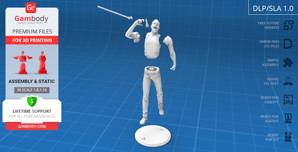 3D printable model of Freddie Mercury in a dynamic pose with a microphone stand.