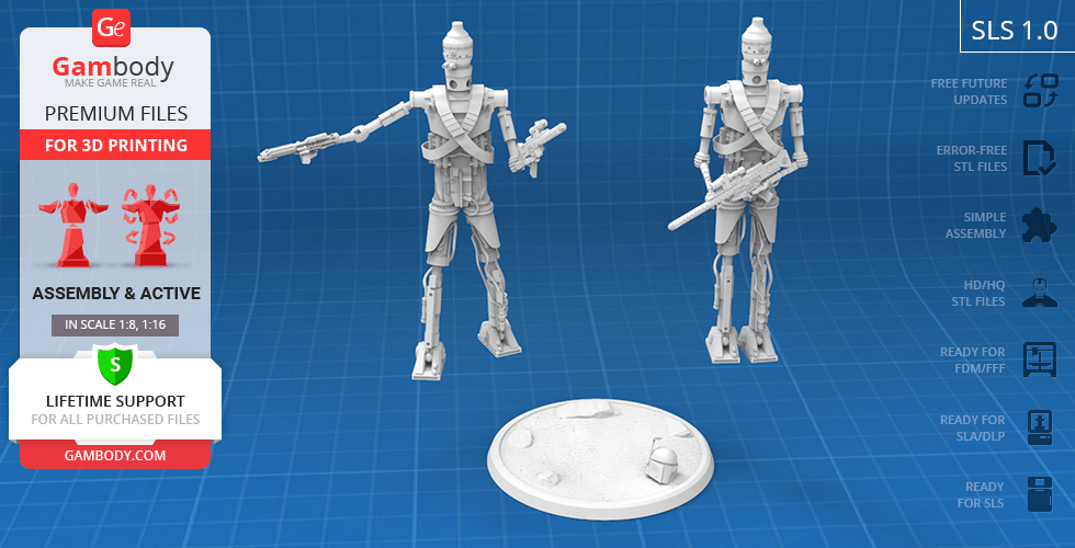 Two IG-11 droid 3D models with guns on a display base, promotional Gambody graphics surrounding them.