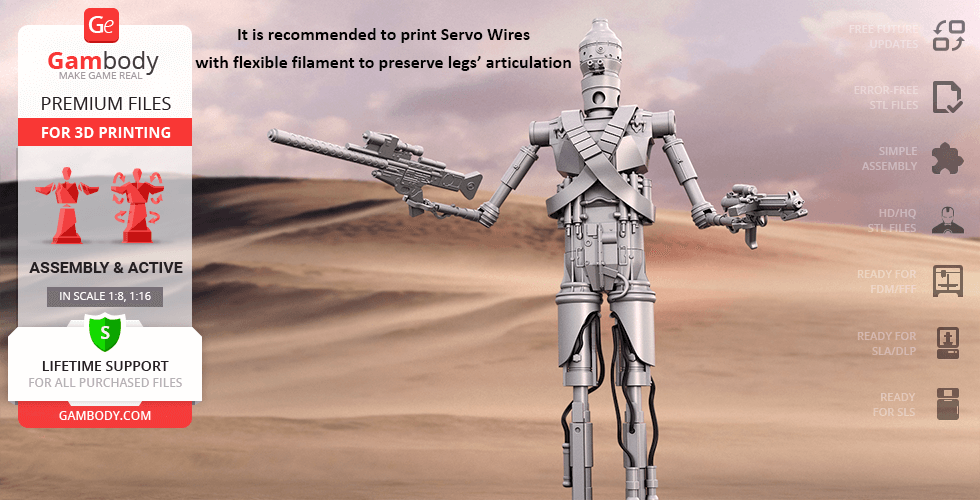 Robot model in a desert, holding sci-fi blasters; promotional banner for 3D printing files.