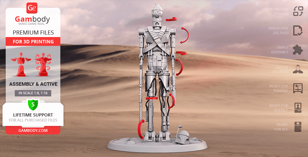 3D model of a humanoid droid with mechanical limbs, on a desert-themed base, with additional assembly parts.