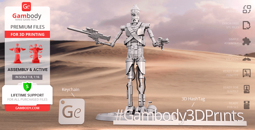 A detailed 3D model of a humanoid droid with weapons, ready for 3D printing, set against a desert backdrop.