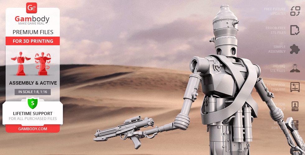 A detailed IG-11 droid 3D model holding a weapon, set against a desert landscape for 3D printing.