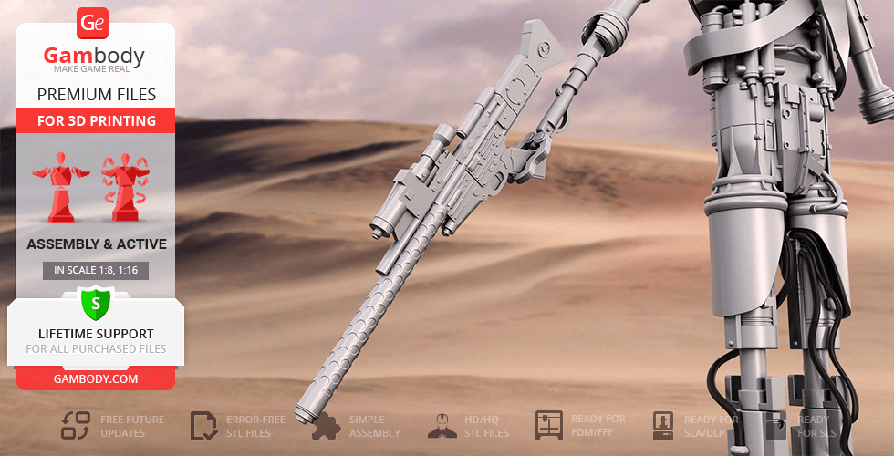 A detailed 3D model of a robotic droid arm holding a sci-fi rifle, set against a desert landscape.