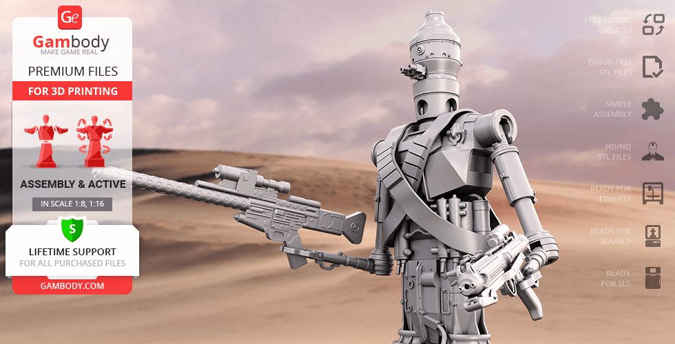 A 3D model of a robotic droid holding a weapon, set against a desert backdrop.