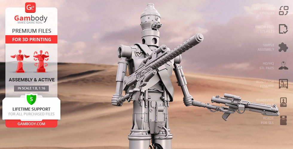 A detailed 3D model of a robotic droid with two guns, designed for 3D printing, in a desert setting.