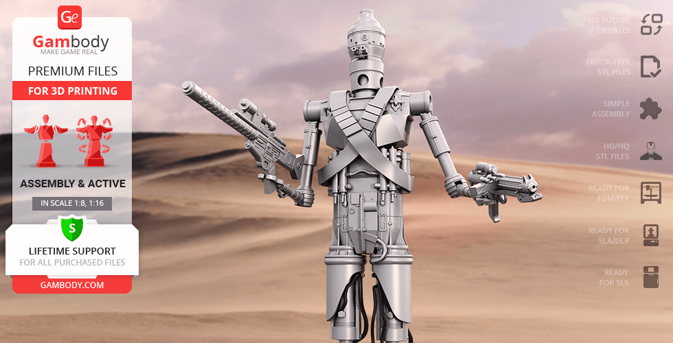 A detailed IG-11 droid model stands on a desert backdrop, armed with weapons, ready for 3D printing.