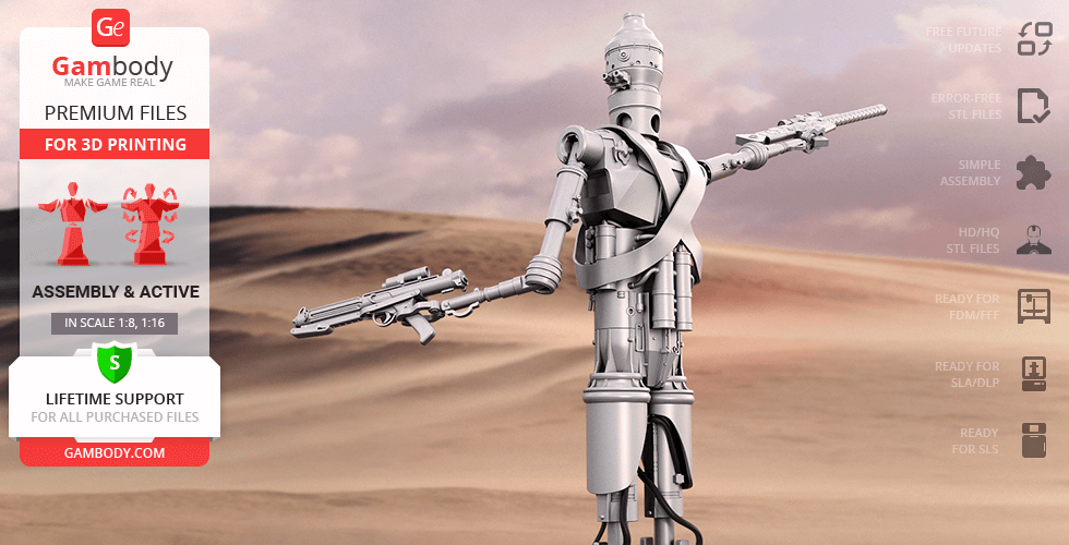 A 3D model of the IG-11 Droid with arms extended, set in a desert background.