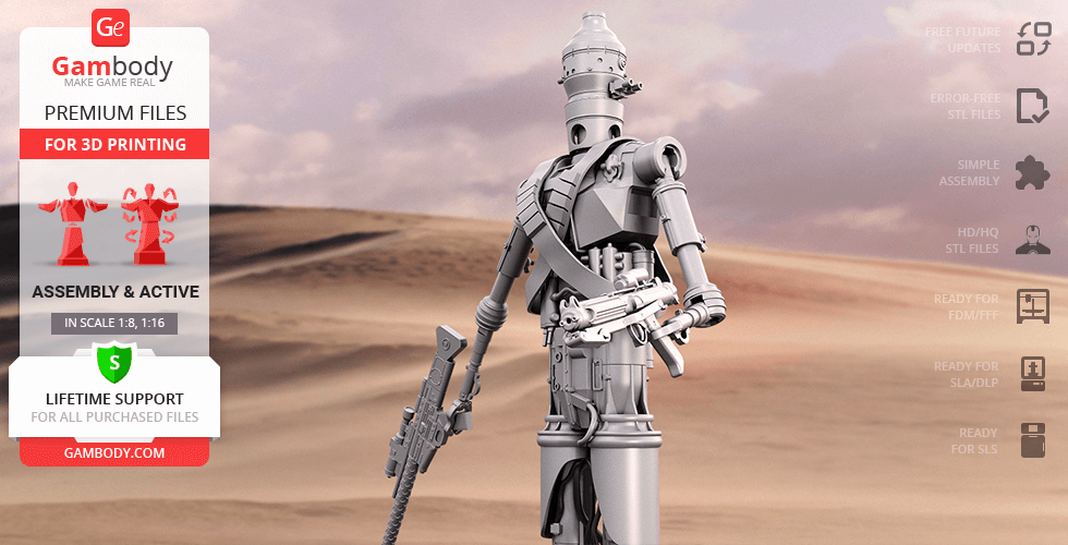 A desert scene with a detailed IG-11 droid 3D model ready for printing from Gambody.