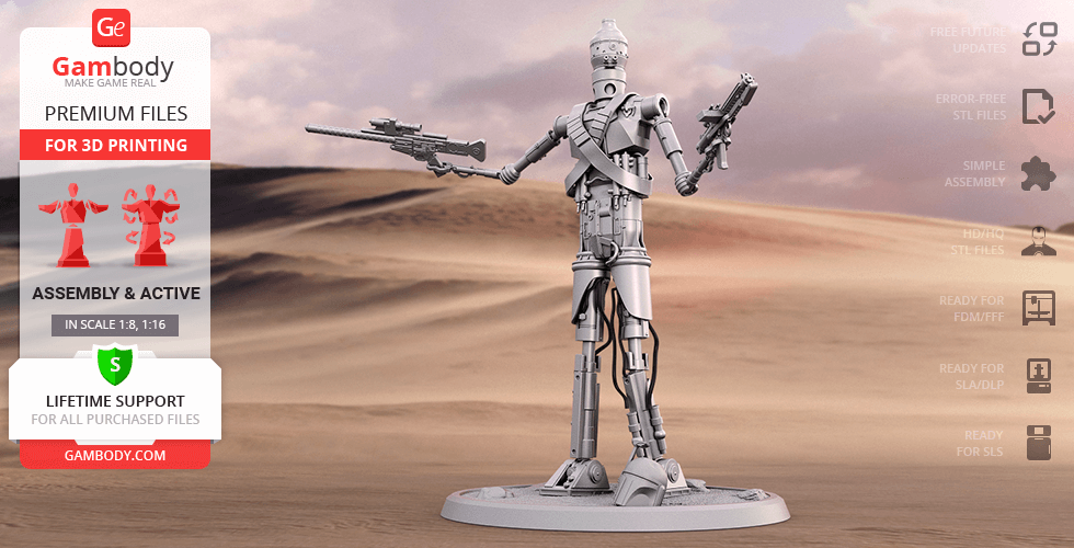 A 3D model of the IG-11 droid from Star Wars, posed holding blasters, standing on a desert-like base.