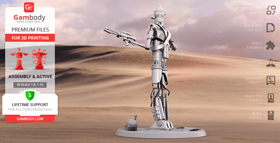 3D model of a robotic droid posed with a blaster, set against a desert-like backdrop.