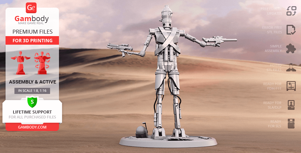 A robotic droid with outstretched arms stands on a desert-themed base, designed for 3D printing.